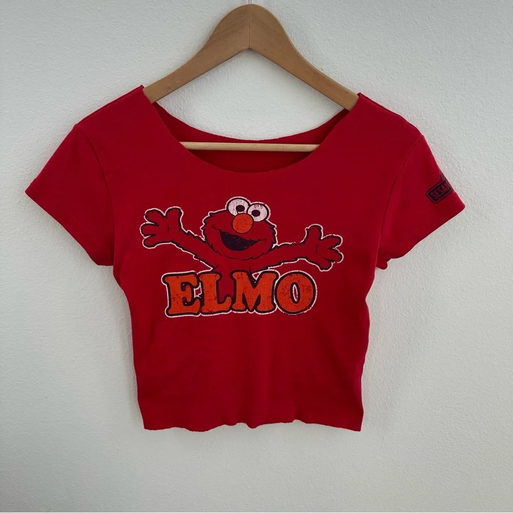 Red Elmo Off the Shoulder Cropped Tee - Picture 1 of 8
